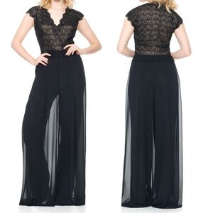 Tadashi Shoji Bridal Mikado Jumpsuit 6 Black Lace Overlay Chiffon Wide Leg $490